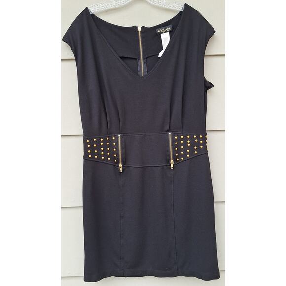 Vtg Baby Phat Y2K Gold Studded Sleeveless Black Mini Dress Exposed zippers Sz 1X - Picture 1 of 8